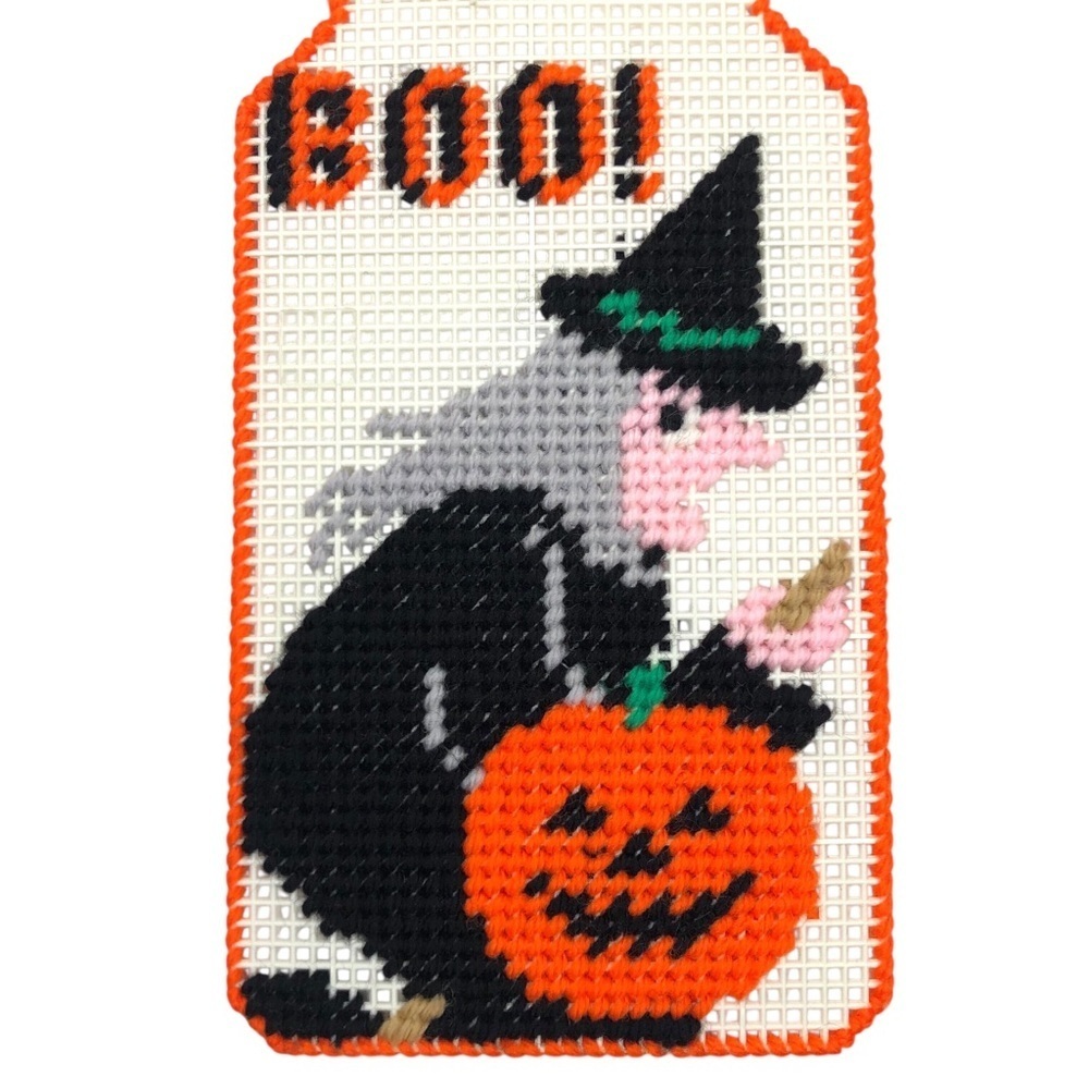 VINTAGE Halloween 80s 90s Lot of 2 Needlepoint Door Hanger Witch Pumpkin Ghost - Picture 3 of 7